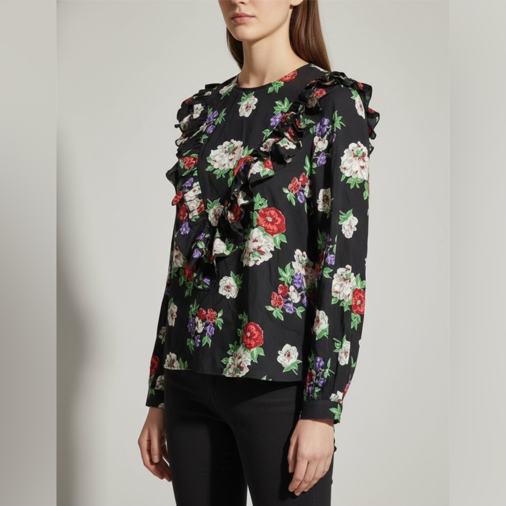 NWT Zara Women’s Multi Floral Print Ruffle Long Sleeve Top Black Sz XS